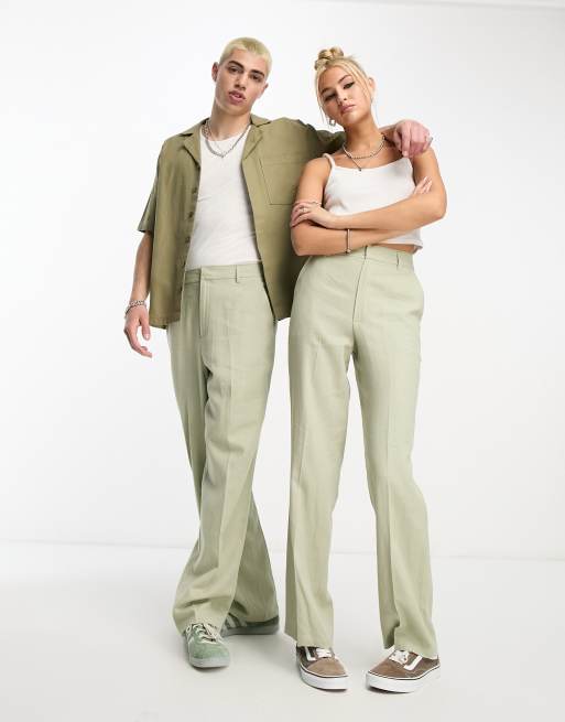 Men's Sage Green Linen High Waisted Trousers - 40 Colori