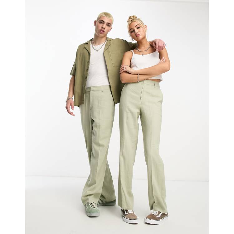 COLLUSION Unisex linen slouchy straight leg trouser in light green