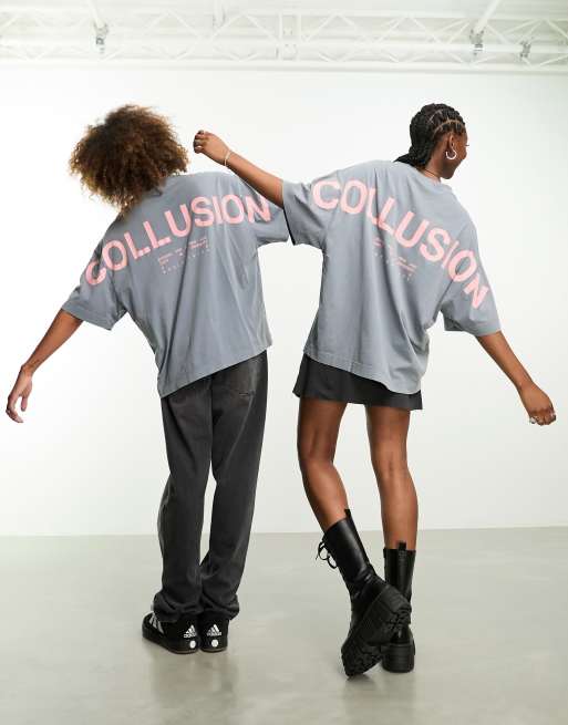 COLLUSION Unisex logo back print oversized t-shirt in washed blue