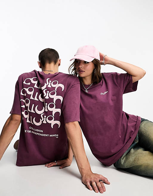 shirt in washed purple | HkgolferShops - check-woven knitted shirt -  COLLUSION Unisex logo back print t