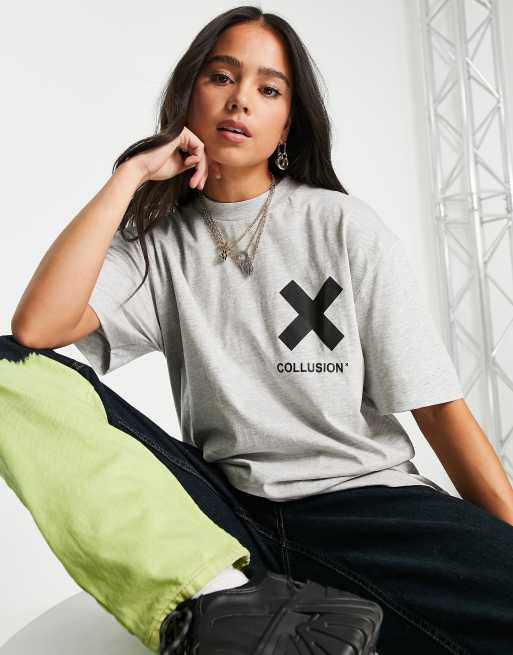 COLLUSION Unisex logo cotton t-shirt in grey marl - GREY, 2 of 4