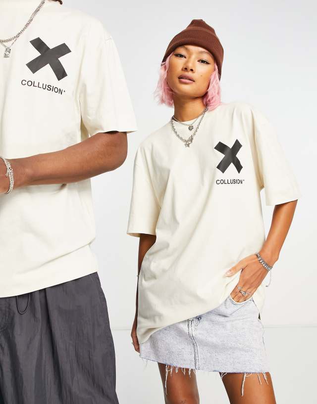 COLLUSION Unisex logo cotton T-shirt in off-white