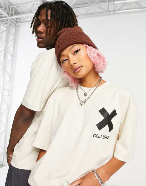 COLLUSION Unisex logo cotton t-shirt in off-white