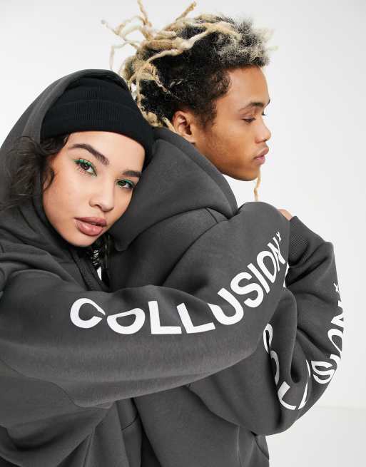 COLLUSION Unisex logo hoodie in dark gray