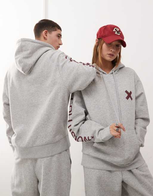 COLLUSION Unisex logo hoodie in heather gray with burgundy print, 4 of 4