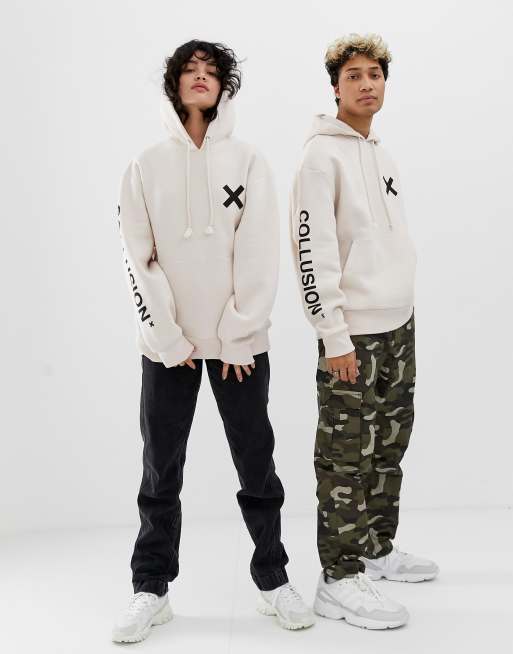 COLLUSION Unisex Logo Hoodie in Off-White