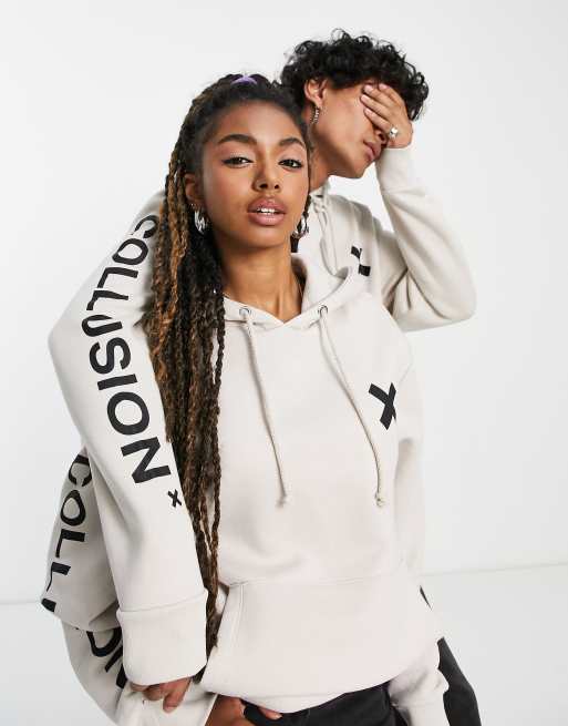 COLLUSION Unisex logo hoodie in off white ASOS