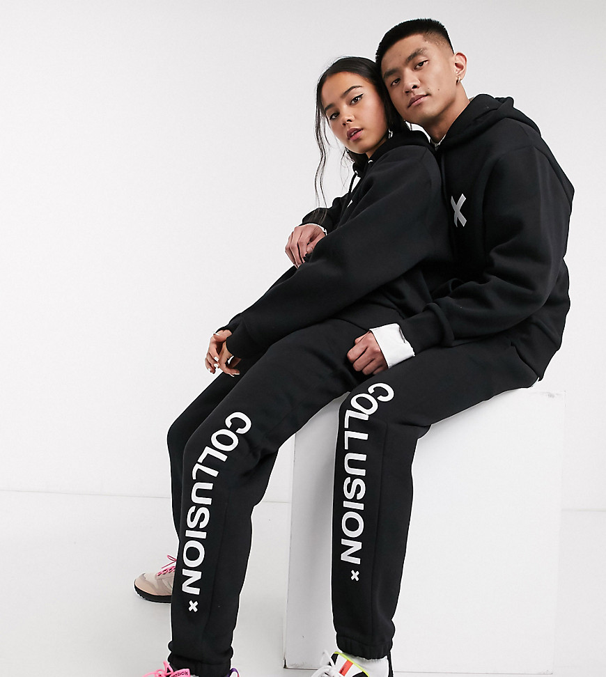 Sweatpants by COLLUSION Part of our responsible edit Drawstring waistband Side pockets Printed logo to leg Fitted cuffs Relaxed fit Loose cut, regular on the waist Unisex style