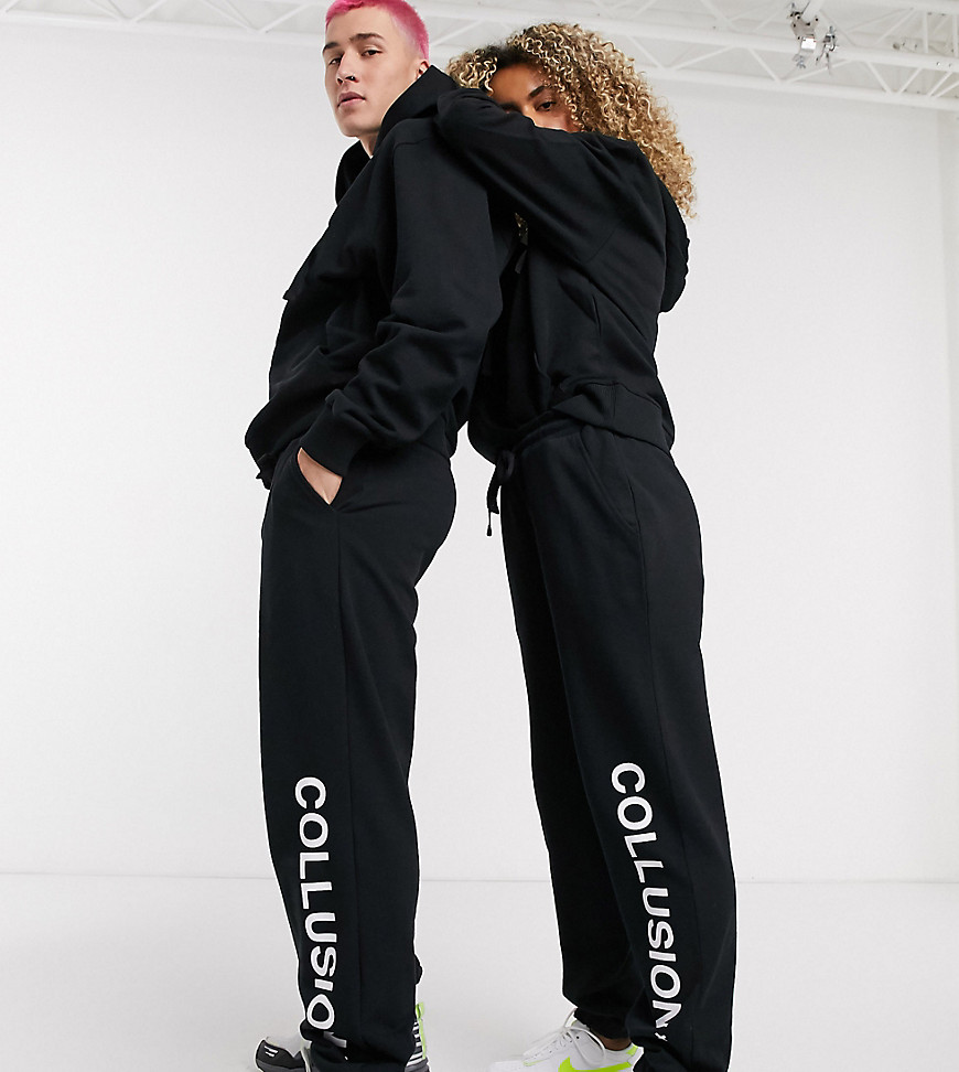 Sweatpants by COLLUSION Part of our responsible edit Drawstring waistband Functional pockets COLLUSION logo print Elasticated cuffs Relaxed, tapered leg Regular fit on the waist Unisex style