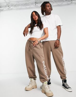 COLLUSION unisex logo joggers in brown | ASOS