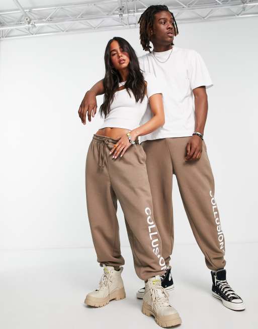 COLLUSION Unisex logo joggers in brown ASOS