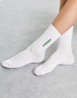 COLLUSION Unisex logo socks in white