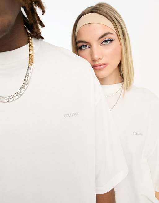 COLLUSION Unisex logo cotton t-shirt in off-white