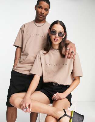 Collusion Unisex Logo T-shirt In Tan-brown
