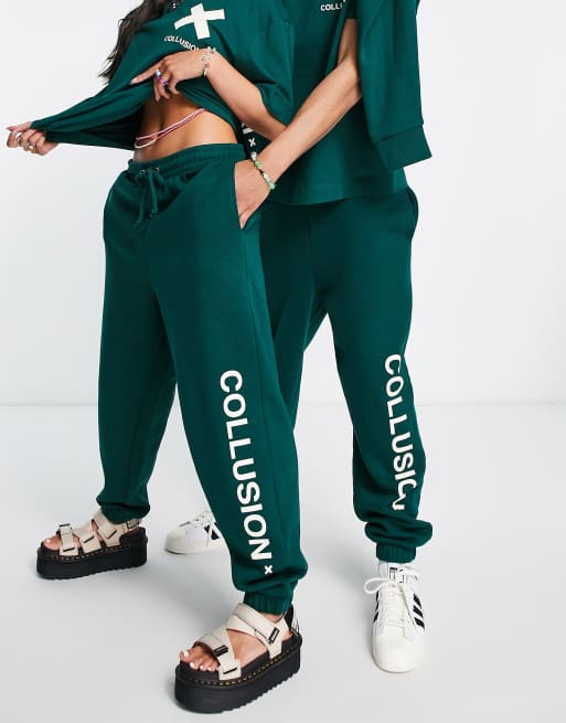 COLLUSION Unisex logo trackies in dark green | ASOS