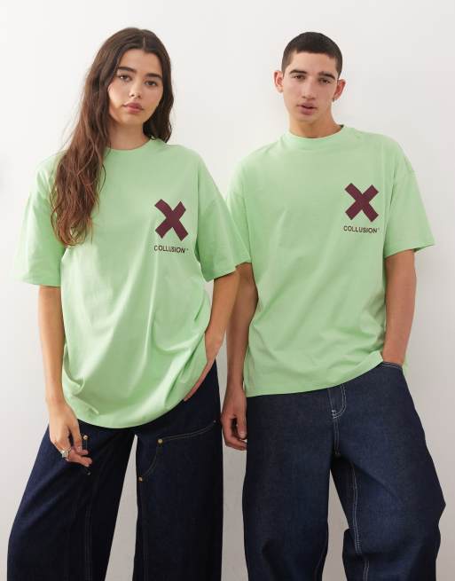 COLLUSION Unisex logo x t-shirt in green with burgundy print