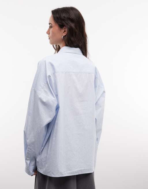 COLLUSION Unisex long sleeve boxy oversized graphic shirt in blue stripe, 4 of 4