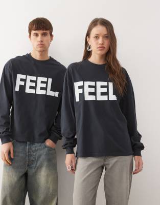 Collusion Unisex Long Sleeve Boxy T-shirt With 'feel' Graphic In Blue