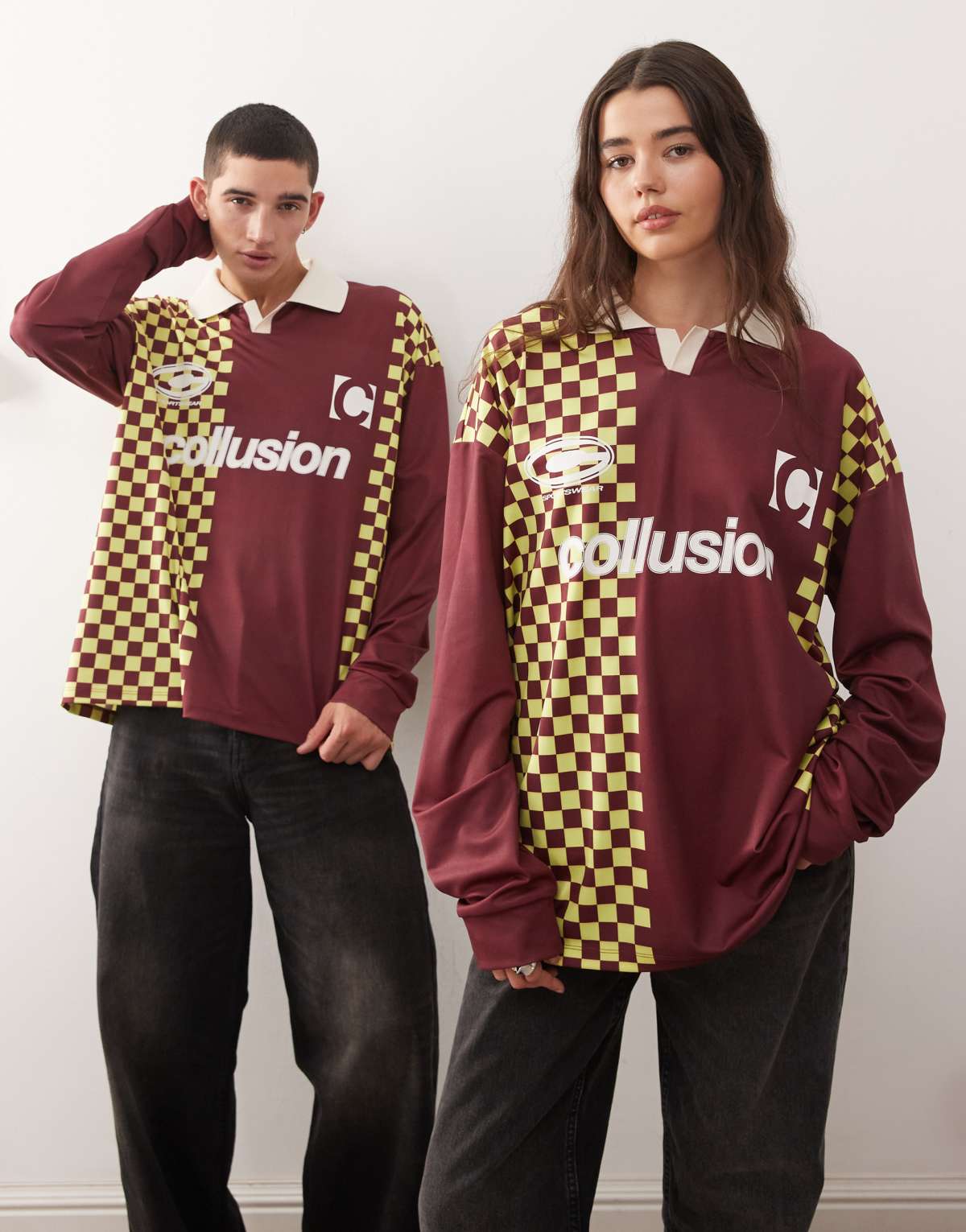 COLLUSION Unisex long sleeve check football t-shirt in burgundy