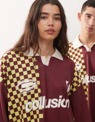 Collusion Unisex Long Sleeve Checkerboard Soccer T-shirt In Brown