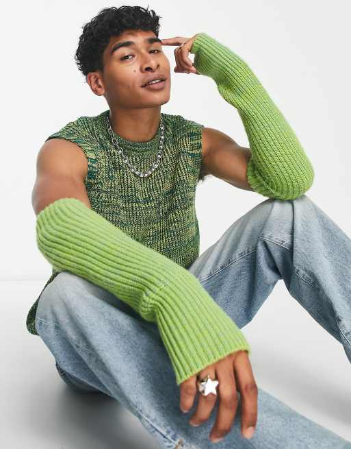 COLLUSION Unisex long sleeve knitted fingerless gloves in green space dye