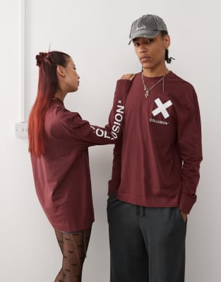 COLLUSION COLLUSION UNISEX LONG SLEEVE LOGO T-SHIRT IN BURGUNDY-RED