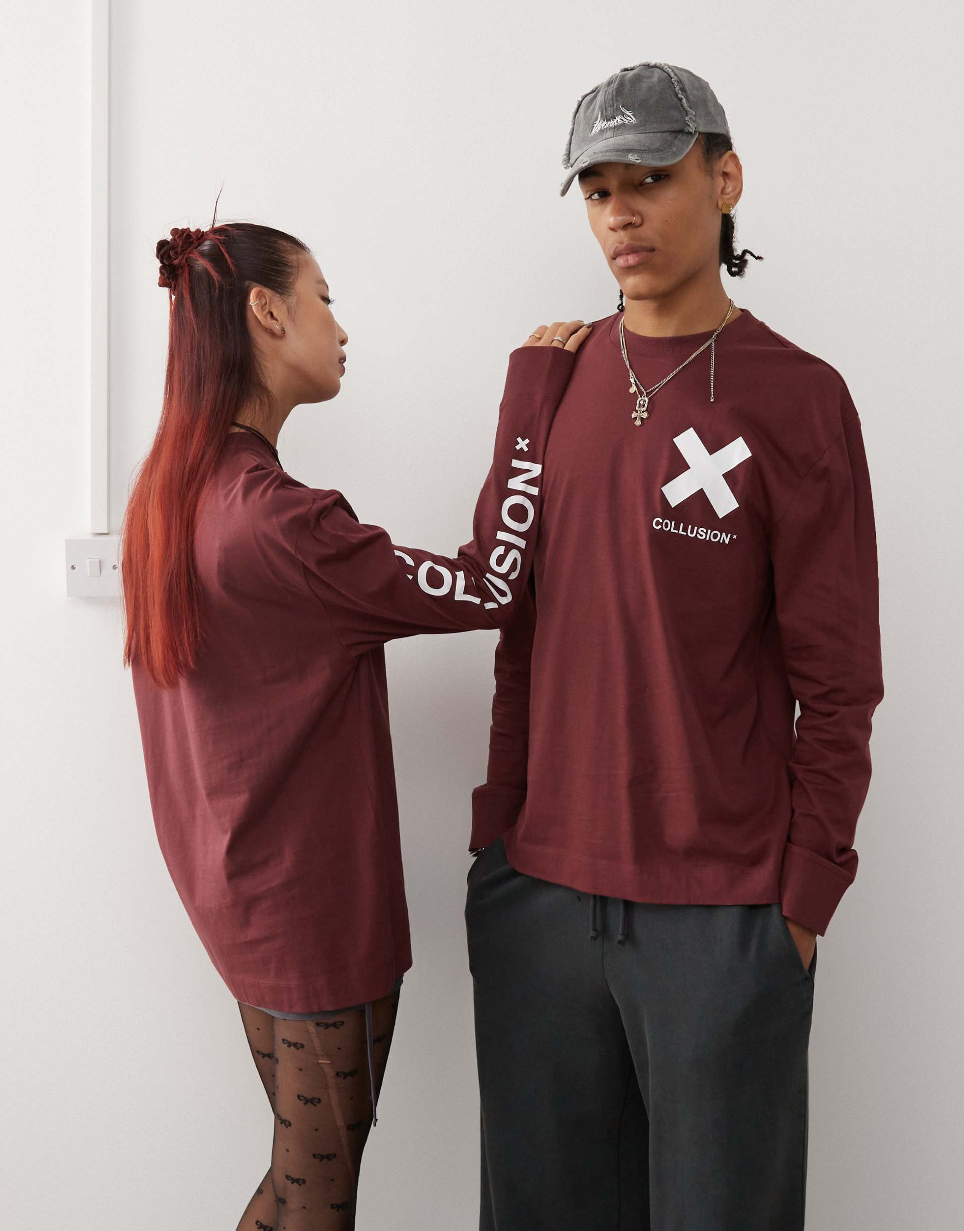 collusion unisex long sleeve logo t-shirt in burgundy
