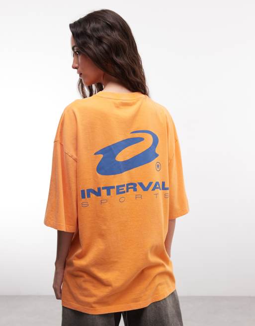 COLLUSION Unisex long sleeve orange t-shirt with blue print, 2 of 4