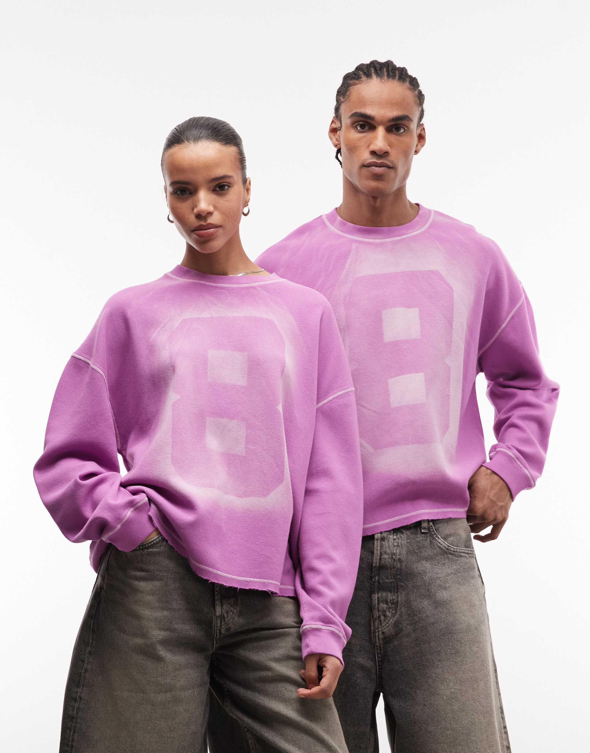 collusion unisex long sleeve skater t-shirt in washed purple with distressed number graphic