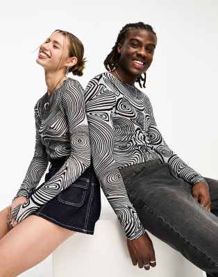 Collusion Unisex Long Sleeve Swirl Print Top In Blue-multi