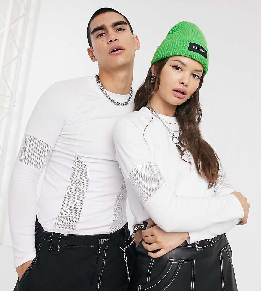 COLLUSION Unisex long sleeve t-shirt in skinny fit with mesh panels-White