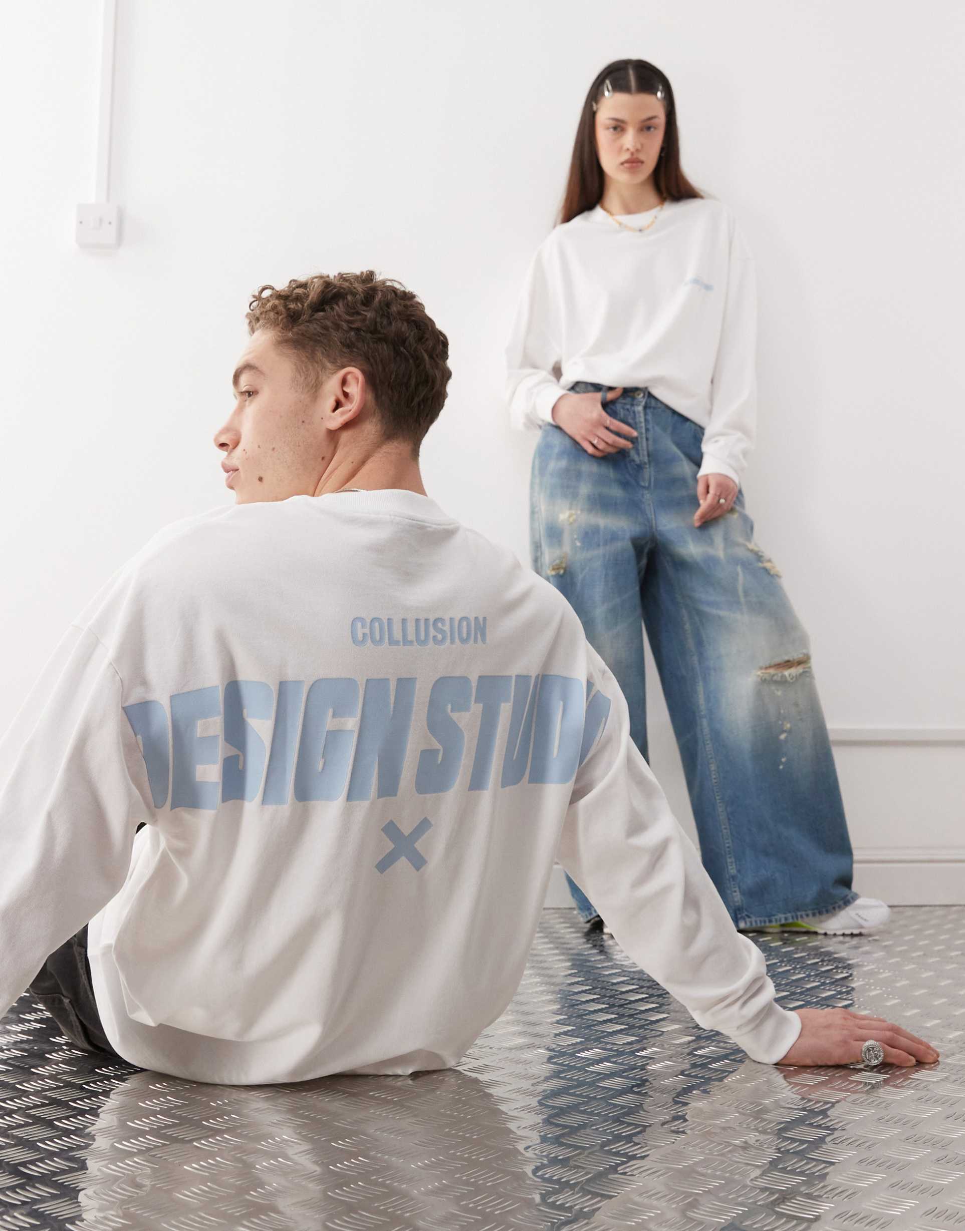 collusion unisex long sleeve t-shirt with back print in white