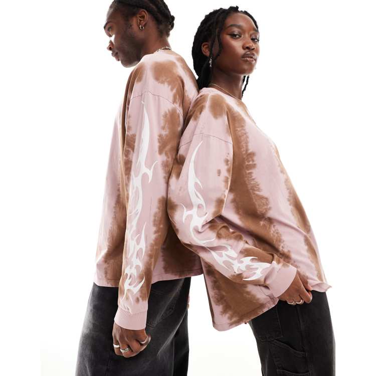 COLLUSION Unisex long sleeve tie dye pink and brown t-shirt | ASOS