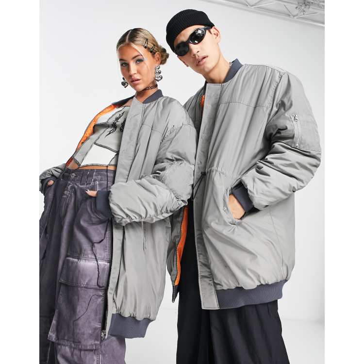 COLLUSION Unisex longline bomber jacket with drawstring details in gray Wide Sleeves Sweater ClassicfuncenterShops