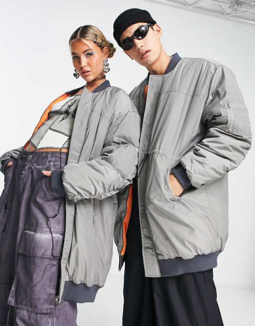 COLLUSION Unisex longline bomber jacket with drawstring details in gray