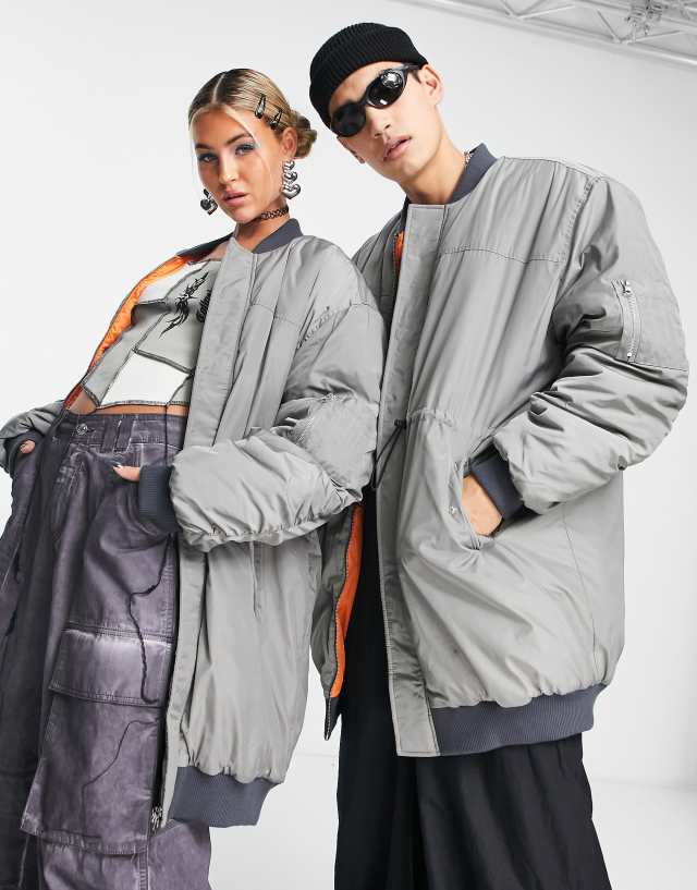 COLLUSION Unisex longline bomber jacket with drawstring details in gray