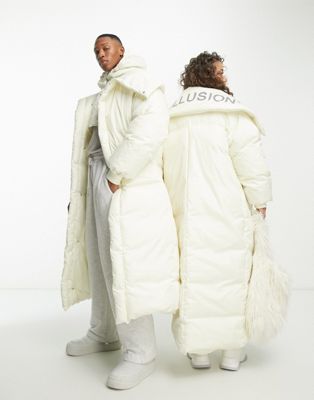 COLLUSION Unisex longline duvet puffer coat with detachable hood in ecru  - ASOS Price Checker