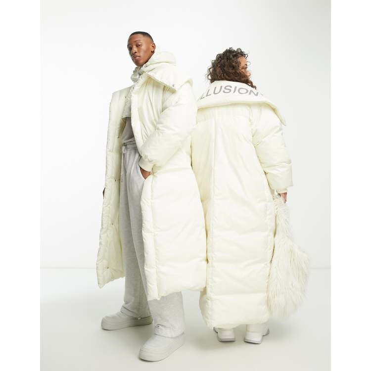 COLLUSION Unisex longline duvet puffer coat with detachable hood in ecru