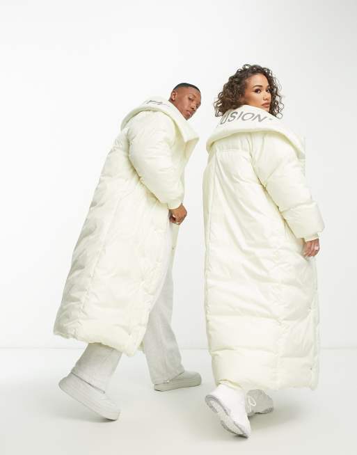 COLLUSION Unisex longline duvet puffer coat with detachable hood