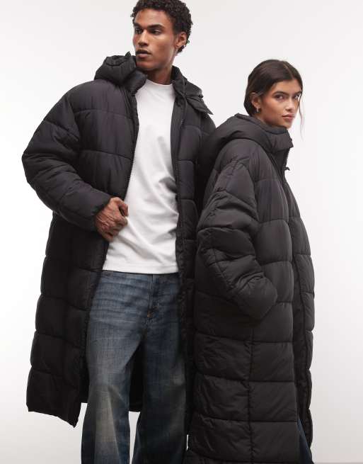 COLLUSION Unisex longline hooded maxi puffer coat in black, 2 of 4
