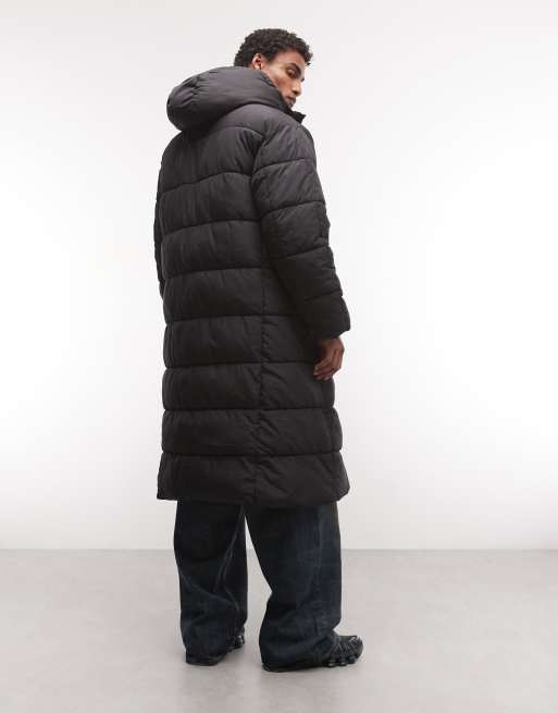 COLLUSION Unisex longline hooded maxi puffer coat in black, 3 of 4