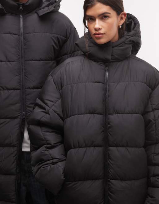 COLLUSION Unisex longline hooded maxi puffer coat in black, 4 of 4