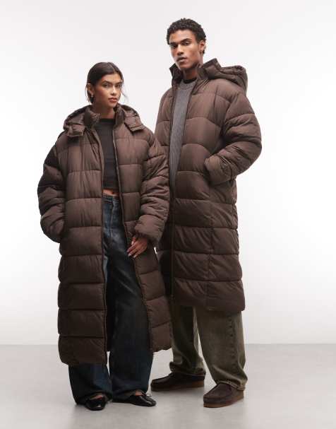 COLLUSION Unisex longline hooded maxi puffer coat in brown - view 1