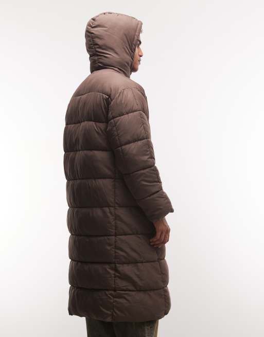 COLLUSION Unisex longline hooded maxi puffer coat in brown, 2 of 4
