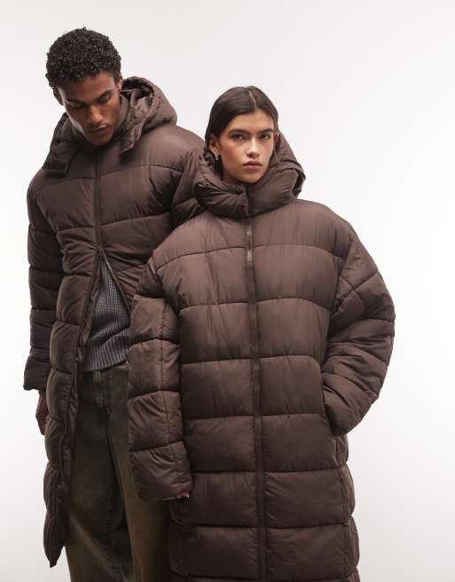 COLLUSION Unisex longline hooded maxi puffer coat in brown, 3 of 4