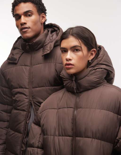 COLLUSION Unisex longline hooded maxi puffer coat in brown, 4 of 4