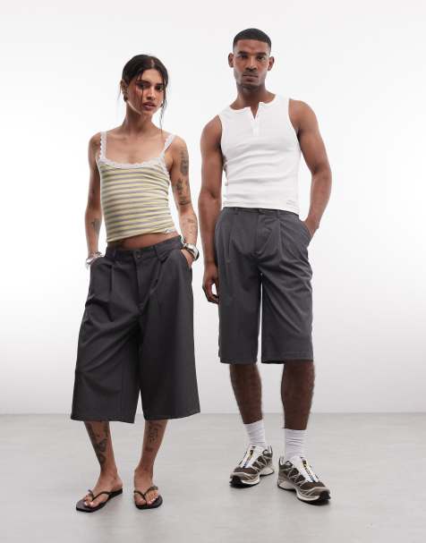 COLLUSION Unisex longline jorts in charcoal - view 1