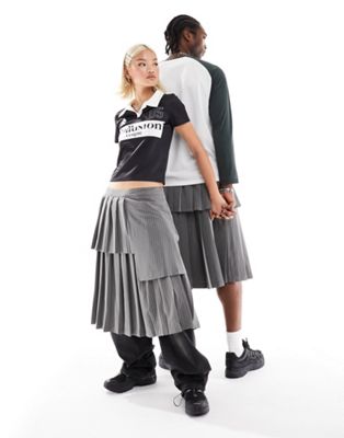 COLLUSION Unisex longline kilt skirt in dark grey pinstripe
