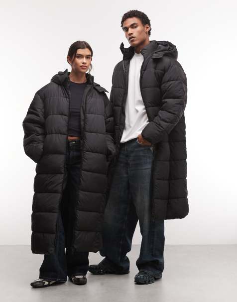 COLLUSION Unisex Longline-Maxi-Steppmantel mit Kapuze in Schwarz - view 1