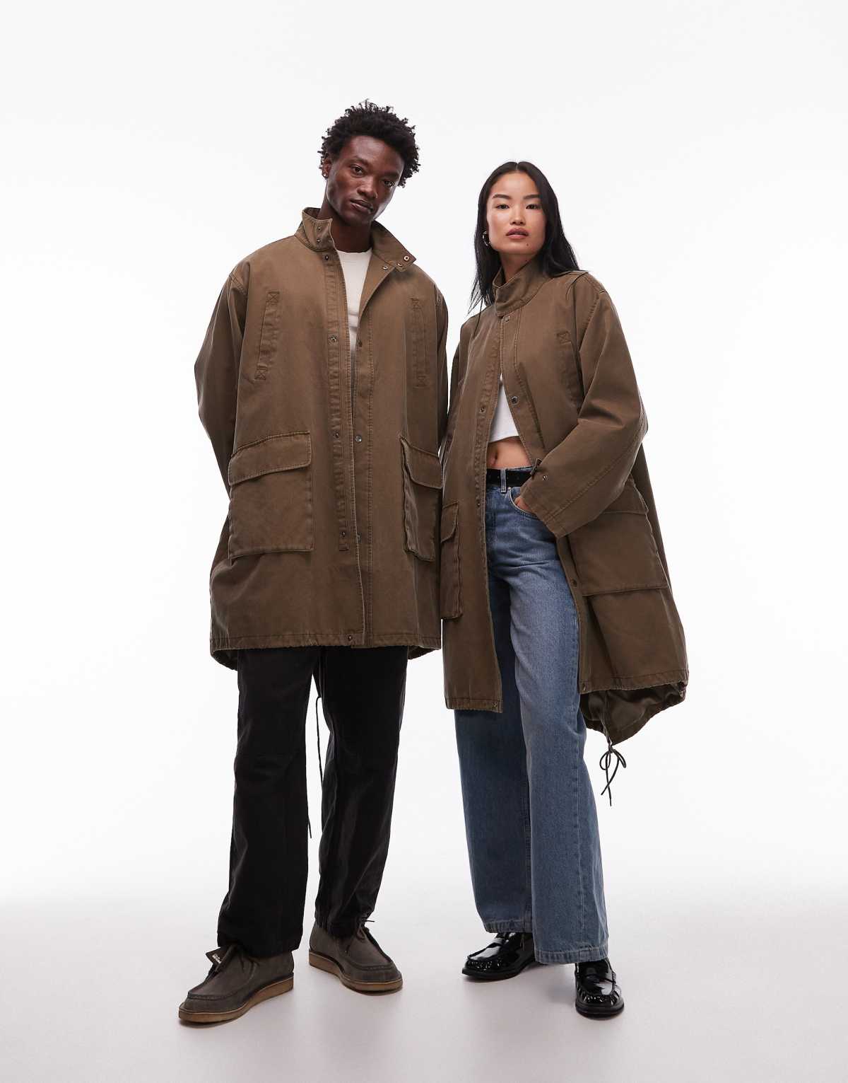 COLLUSION Unisex longline parka in khaki